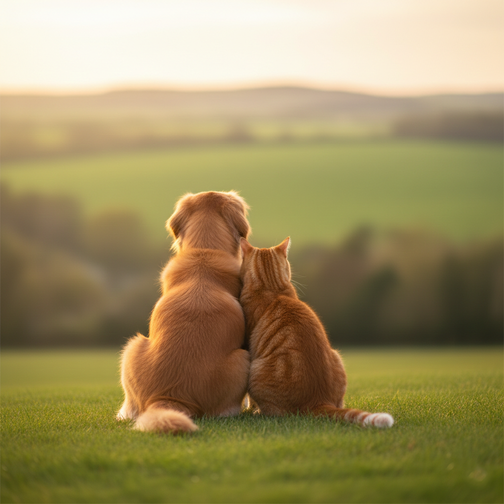 Back view of a golden retriever and an orange tabby cat sitting together on green grass looking at a sunset