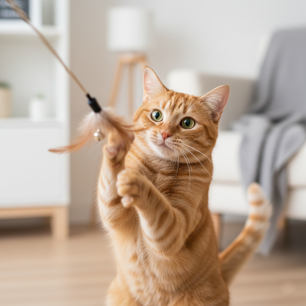 Playful orange tabby cat reaching for a feather wand toy in a living room