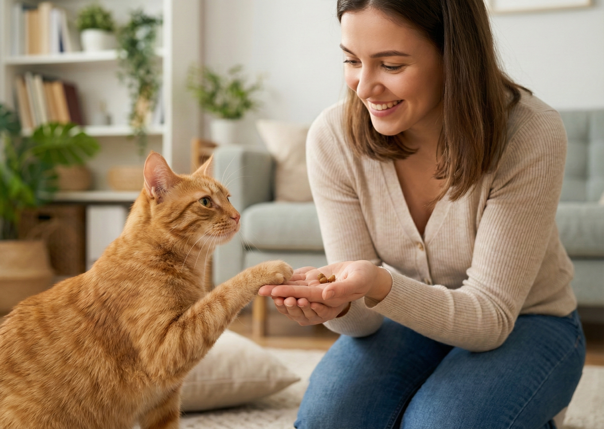 Smiling young woman training an orange tabby cat to shake paws using kibble treats in a bright living room.