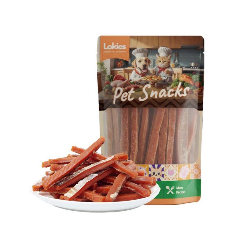 Lokies™ Pet Snacks & Treats for Dogs & Cats 80g – Salmon Strip Cut with Skin Omega Fatty Acids for Skin, Brain & Joint Health