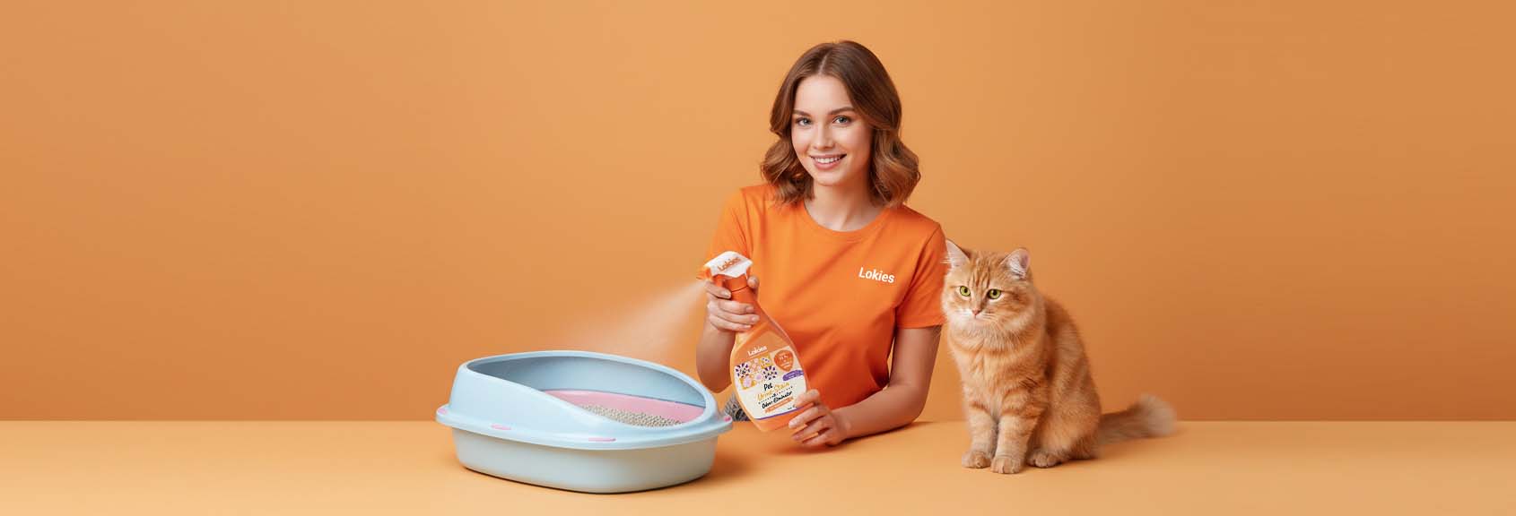 A woman wearing an orange Lokies t-shirt actively spraying Lokies Pet Urine-Stain & Odour Eliminator into a blue and pink cat litter box, with a ginger cat sitting calmly beside her against a plain orange studio background.