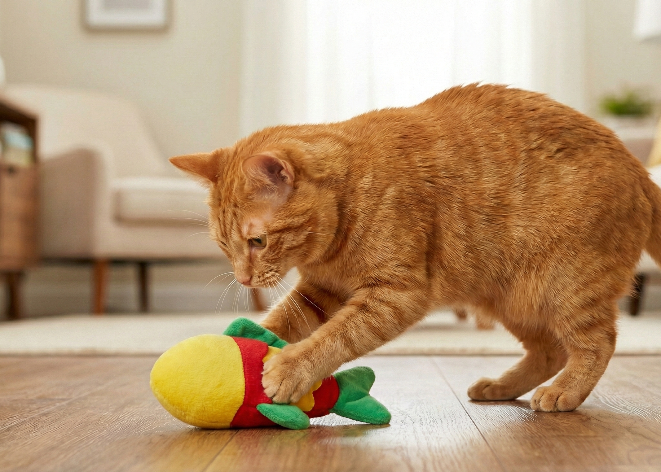 Healthy orange tabby cat playing energetically with a yellow, red, and green plush fish toy on a wooden floor.