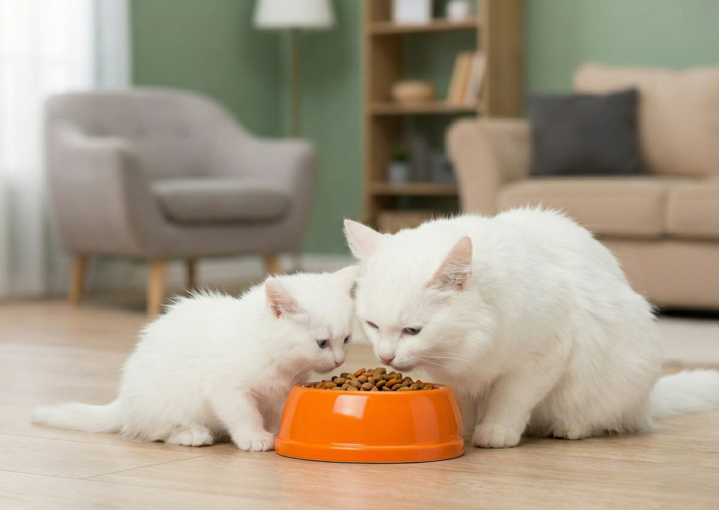 White mother cat and fluffy white kitten eating kibble together from a bright orange bowl on a wooden floor in a cozy living room.