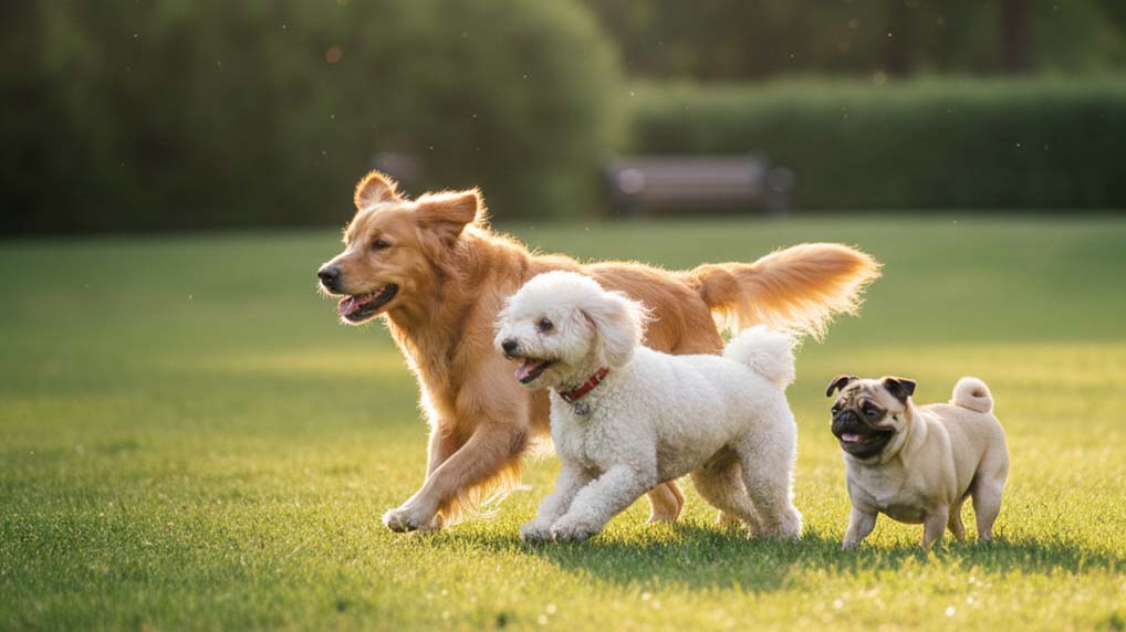 Three dogs of different breeds—a Golden Retriever, a white Poodle, and a Pug—running together on a green park lawn at sunset